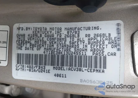 2003 Toyota Camry Le from USA, damaged, VIN 4T1BE30K13U245511